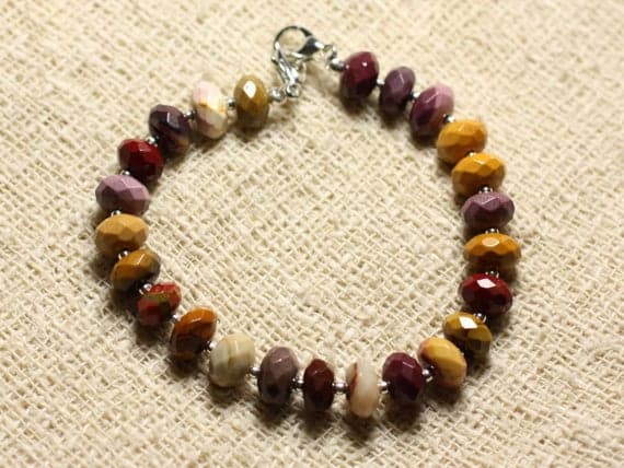 925 sterling Silver chakras simple Silver Helling 8x5mm Stracking Multi MoUKBite Jasper  Bracelet Rondelle, Faceted 7" for mens, womens, gf, bf & Adult.