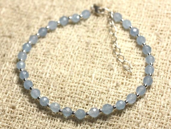 925 sterling Silver Positive Energy Silver helling 4mm Stracking Blue Blue Jade  Bracelet Round, Faceted 7" for mens, womens, gf, bf & Adult.
