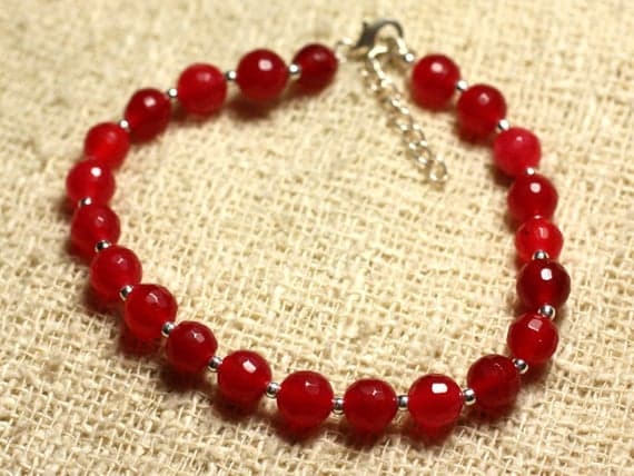 925 sterling Silver love beach youth Silver Helling 6mm stacking Red Red Jade Bracelet Round, Faceted 7" for mens, womens, gf, bf & Adult.