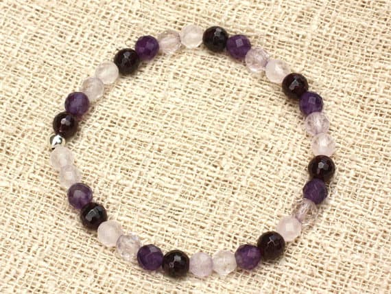 Anxiety Gemstone Silver Helling 6mm Stretchable Pink & Purple Amethyst Quartz pink Garnet Bracelet Round, Faceted 7" for mens, womens, gf, bf & Adult.