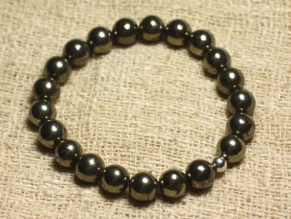 Artisan Loose Silver Helling 8mm Stretchable Yellow Pyrite Bracelet Round, Smooth 7" for mens, womens, gf, bf & Adult.