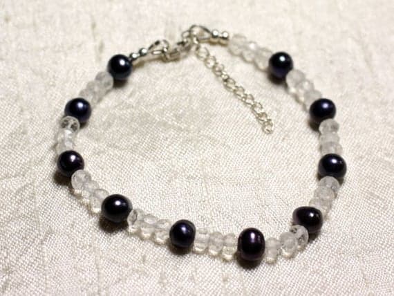 925 sterling Silver Anniversary Gift 6-7mm Stracking Black & White Quartz & black cultured pearls Bracelet Round & Rondelle, Faceted & Smooth 7" for mens, womens, gf, bf & Adult.