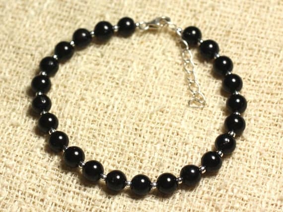 925 sterling Silver Personalized Gift Silver Helling 6mm Stracking Black black Tourmaline  Bracelet Round, Smooth 7" for mens, womens, gf, bf & Adult.