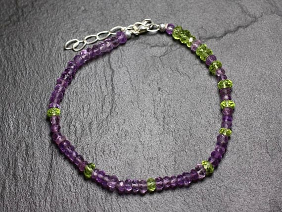 925 sterling Silver chakras simple Silver Helling 3-5mm stacking Green & Purple amethyst and Peridot  Bracelet Rondelle, Faceted 7" for mens, womens, gf, bf & Adult.