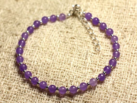 925 sterling Silver Wholesale Silver helling 4mm Stracking Purple Purple Jade  Bracelet Round, smooth 7" for mens, womens, gf, bf & Adult.