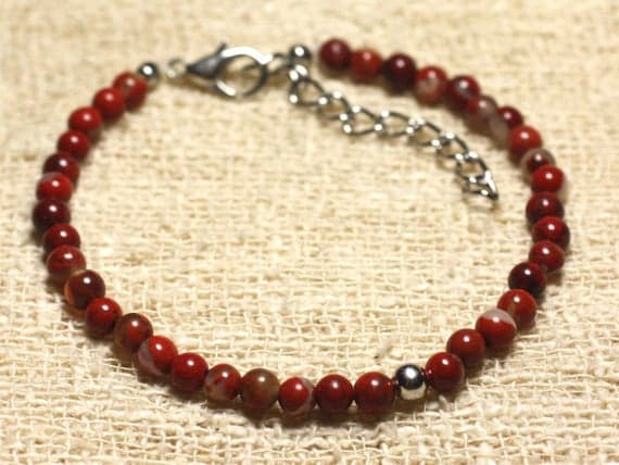 925 sterling Silver love beach youth Silver Helling 4mm Stracking Red Jasper Bracelet Round, Smooth 7" for mens, womens, gf, bf & Adult.