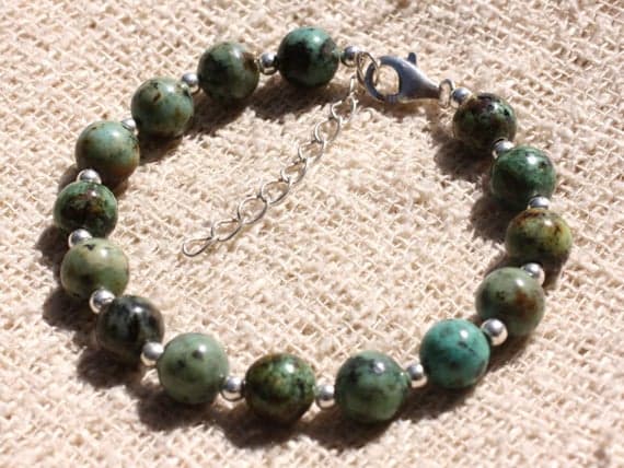 925 sterling Silver Wholesale Silver helling 8mm stacking Green African Turquoise Bracelet Round, Smooth 7" for mens, womens, gf, bf & Adult.