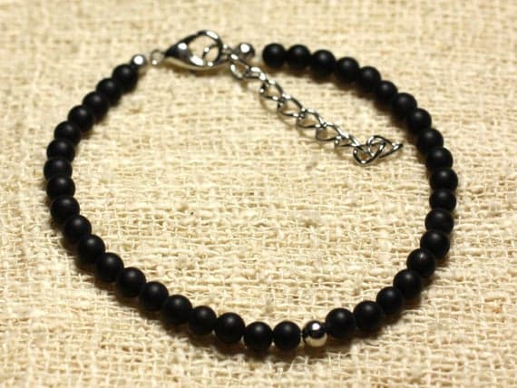 925 sterling Silver chakras simple Silver Helling 4mm stacking Black Black Onyx Bracelet Round, Smooth 7" for mens, womens, gf, bf & Adult.