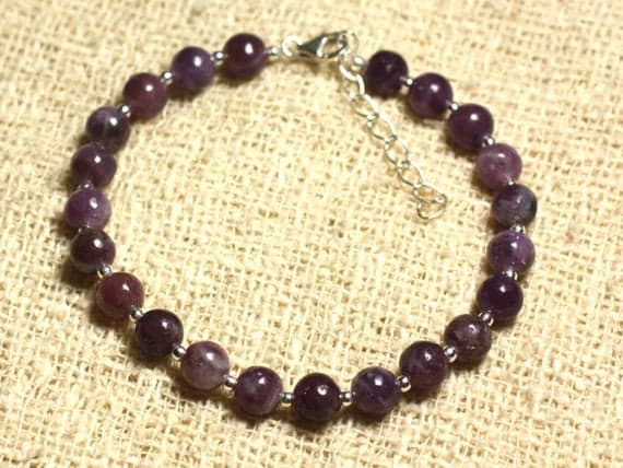 925 sterling Silver memorial gift Silver Helling 6mm stacking Purple Lepidolite Bracelet Round, Smooth 7" for mens, womens, gf, bf & Adult.