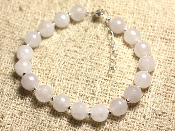 925 sterling Silver Personalized Gift 8mm Stracking White White Jade Bracelet Round, faceted 7" for mens, womens, gf, bf & Adult.