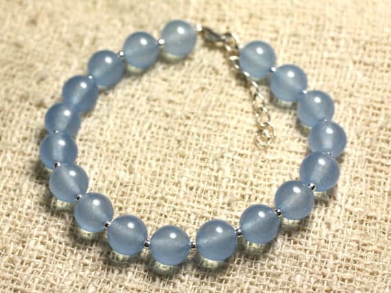 925 sterling Silver love beach youth Silver Helling 8mm stacking Blue Jade Bracelet Round, Smooth 7" for mens, womens, gf, bf & Adult.