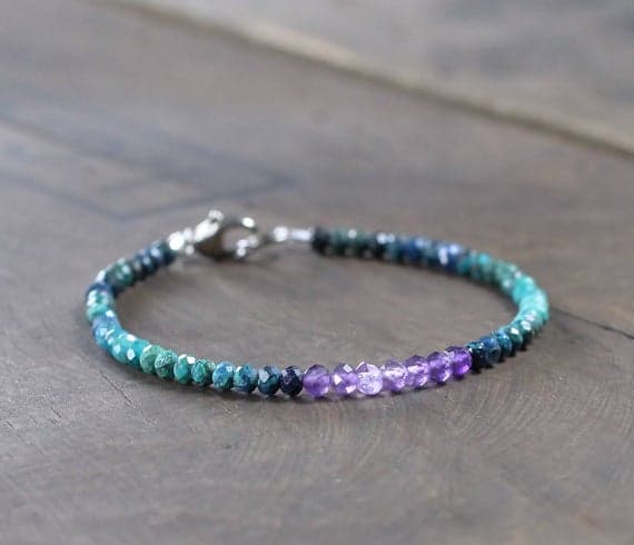 925 sterling silver Bridesmaid Jewelry 3.5mm Multi Colour Amethyst & Chrysocolla stacking Bracelet Round, Faceted 18cm for mens, womens, gf, bf and adults.