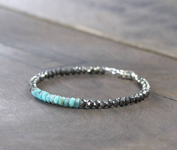925 sterling silver Artisan Loose 4.5mm Multi Colour Pyrite & Turquoise stacking Bracelet Round, Faceted 18cm for mens, womens, gf, bf and adults.
