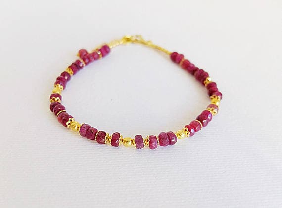 AAA++ Rare Quality Raw Ruby bracelet,Gold  filled filigree caps and spacers,genuine raw Ruby beads, ruby stackable bracelet, ruby stacking bracelet, raw rubies 3/4 mm Code- TJH124