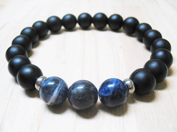 Unique Wedding Gift 10mm Stretchable blue & Black Sodalite & Matte Black Onyx Bracelet Round, Smooth 7.5" for mens, womens, GF, BF, Adults.