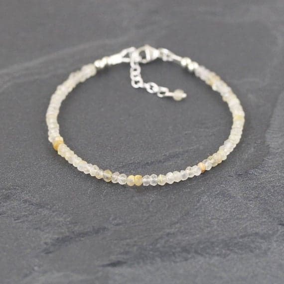 925 sterling Silver Grounding 2.5-3mm stacking White Gold en Rutilated Quartz Bracelet Rondelle, Faceted 7" for mens, womens, gf, bf & Adult.