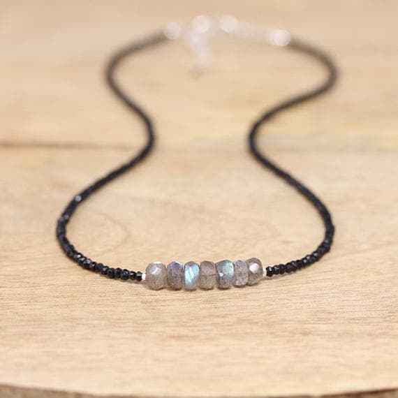 925 sterling Silver Wholesale Silver helling 5-6mm stacking Black & Gray Labradorite & Black Spinel Necklace Round & Rondelle, faceted 16" for mens, womens, gf, bf & Adult.