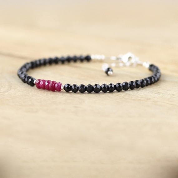 925 sterling Silver good luck gift 3.5mm stacking Black & Red Ruby & Black Spinel  Bracelet Round & Rondelle, Faceted 7" for mens, womens, gf, bf & Adult.