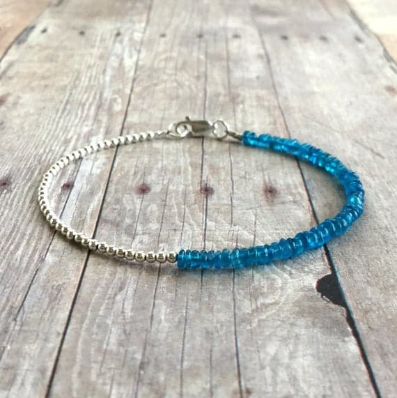925 sterling silver Anxiety Relief Calming 3-4mm Blue Neon Blue Apatite stacking Bracelet Rondelle, Faceted 18cm for mens, womens, gf, bf and adults.