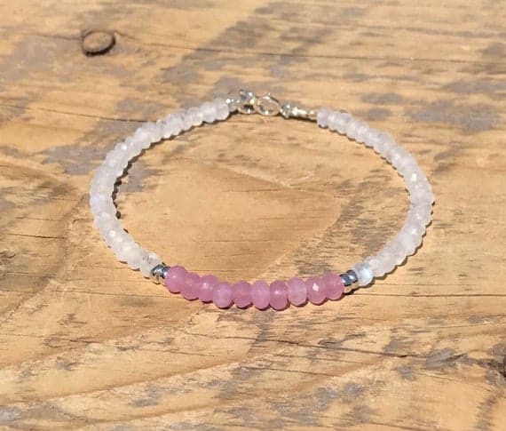 Moonstone and Pink Chalcedony Bracelet/ Sterling Silver- Healing Energy Jewelry- Boho- Stacking - Chakra 4 mm Code- WAR6789