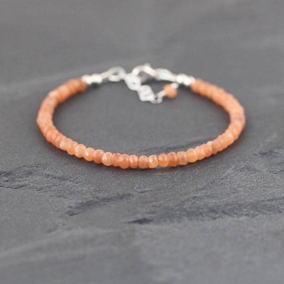 925 sterling Silver Unique Wedding Gift 3.5mm stacking Peach Peach Moonstone Bracelet Rondelle, Faceted 7" for mens, womens, gf, bf & Adult.