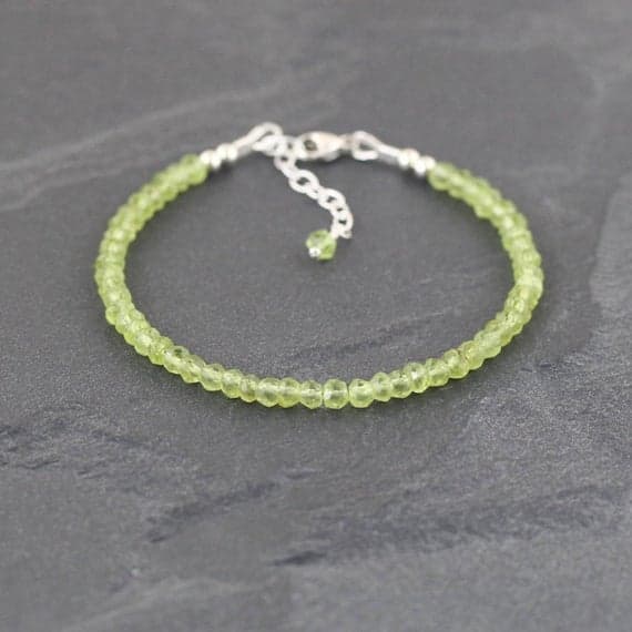 925 sterling Silver memorial gift 3.5mm stacking Green Peridot Bracelet Rondelle, Faceted 7" for mens, womens, gf, bf & Adult.