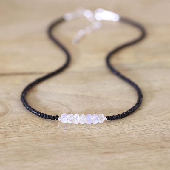 925 sterling Silver Rock Gift Silver Helling 2-4.5mm stacking Black & White Rainbow Moonstone & Black Spinel  Necklace Round & Rondelle, Faceted 16" for mens, womens, gf, bf & Adult.