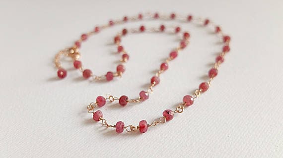 AAA++ Rare Quality Red Ruby Necklace, Ruby Rosary Style Necklace, Rose Gold  filled chain and clasp, chain links, delicate ruby rose Gold  filled necklace 3-4 mm Code- TJH149