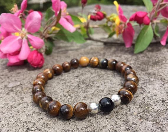 Blush Jewelry Silver Helling 8mm Stretchable Multi Tiger's Eye, black onyx  Bracelet Round, Smooth 7" for mens, womens.