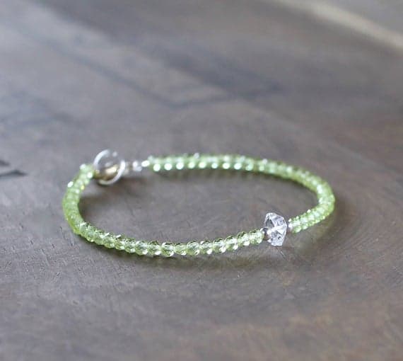 925 sterling silver Dainty Slave Loose 3mm Green Peridot&Herkimer Diamond stacking Bracelet Round, Faceted 18cm for mens, womens, gf, bf and adults.