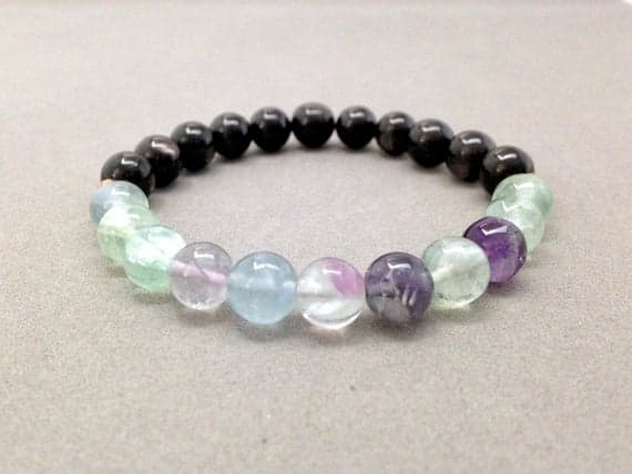 Black Onix and Rainbow Fluorite Stretch Bead Bracelet For GRounding, Problem Solving 8mm  Code- WAR6229
