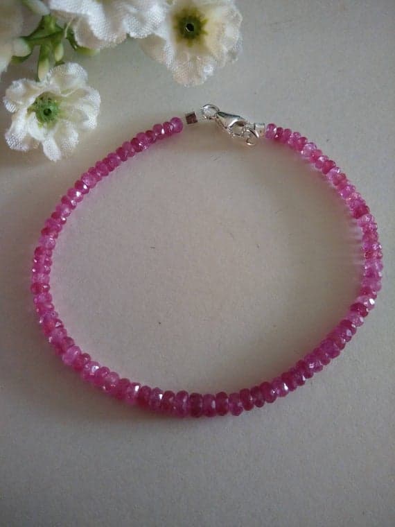 925 Steling Silver Empath Protection 2-4 mm Stracking red Ruby Bracelet Rondelle, Faceted 7" for mens, womens, GF, BF, Adults.