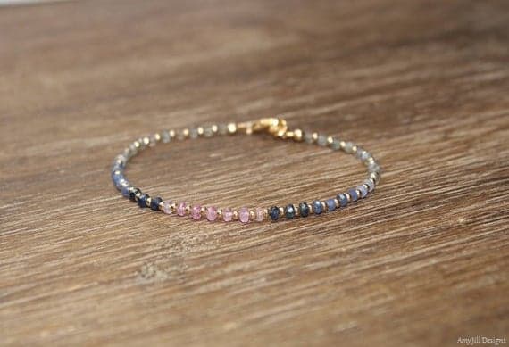24k gold Plated Rock Gift Gold Helling 3mm stacking Blue & Pink Pink & Blue Sapphire Bracelet Rondelle, Faceted 7" for mens, womens, gf, bf & Adult.