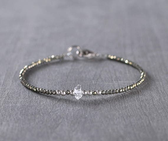 925 sterling silver Jewelry Energy 2.5-4.5mm White Herkimer Diamond & Pyrite stacking Bracelet Round, Faceted 18cm for mens, womens, gf, bf and adults.