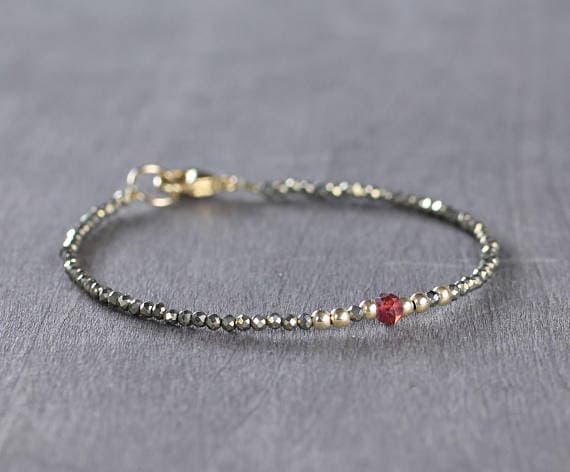 24k gold Blush Jewelry 2.25-4mm Red Garnet & Pyrite stacking Bracelet Rondelle,Round, Faceted 18cm for mens, womens, gf, bf and adults.