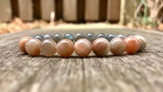 Anxiety Relief Calming 8mm Stretchable Gray & Orange Sunstone and Madagascar Labradorite Bracelet Round, Smooth 7" for mens, womens, gf, bf & Adult.