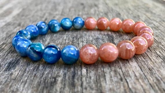 Personalized Gift 8mm Stretchable Blue & Orange Kyanite and Brazilian Gold Sunstone Bracelet Round, Smooth 7" for mens, womens, gf, bf & Adult.