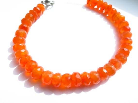 925 sterling Silver Blush Jewelry 7.5mm stacking Orange Carnelian Bracelet Rondelle, Faceted 7" for mens, womens.