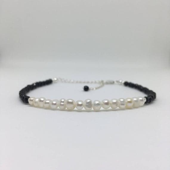 925 sterling Silver Anniversary Gift 3-4mm stacking Black & White Pearl & Agate Bracelet Round & Rondelle, Faceted & Smooth 7" for mens, womens, gf, bf & Adult.