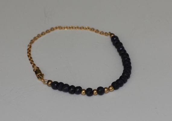 24k gold Plated Anxiety Gemstone Gold Helling 3-4mm stacking Black Sapphire Bracelet Rondelle, Faceted 7" for mens, womens, gf, bf & Adult.