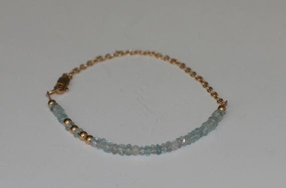 24k gold Plated Handmade Beaded Gold Helling 3-4mm stacking Aqua Aquamarine Bracelet Rondelle, Faceted 7" for mens, womens, gf, bf & Adult.