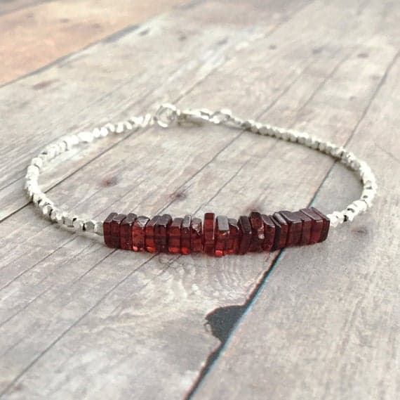 925 sterling silver Handmade Beaded 4-6mm Red Natural Garnet  stacking Bracelet Square, Smooth 18cm for mens, womens, gf, bf and adults.