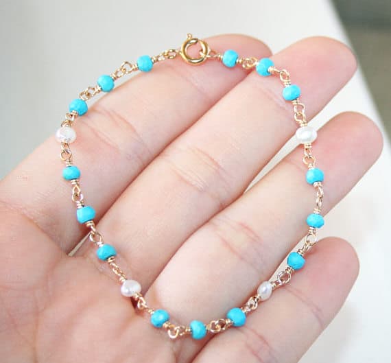 24k gold Plated Anxiety Gemstone 3-3.5mm stacking Blue Blue Turquoise and White Pearl Bracelet Rondelle, Smooth 7" for mens, womens.