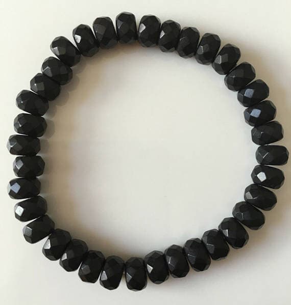 Anxiety Relief Calming 5x8mm Black Black Onyx  Stretchable Bracelet Rondelle, Faceted 18cm for mens, womens, gf, bf and adults.