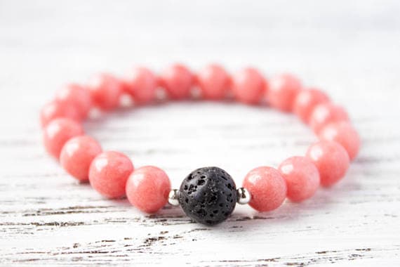 Salmon Bracelet Pink Black Bracelet Sterling Silver Lava Bracelet Minimalist Bracelet Pink Jade Bracelet Lava Rock Apricot Girly Bracelet 8mm  Code- WAR9198
