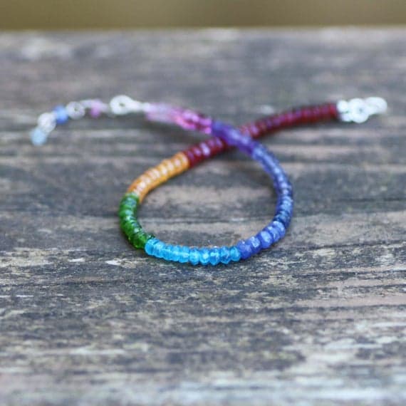 24k gold Plated Anxiety Relief Calming 3-3.5mm stacking Multi Tourmaline Sapphire Ruby Rainbow Bracelet Rondelle, Faceted 7" for mens, womens, gf, bf & Adult.