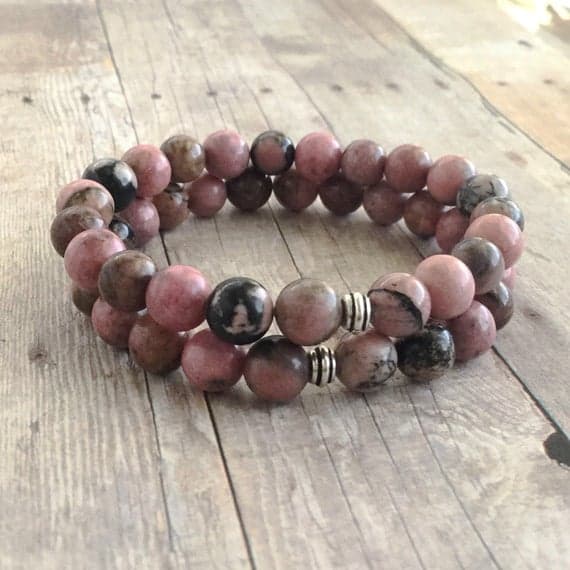 925 sterling silver Dainty Slave Loose 8mm Multi Colour Rhodonite Stretchable Bracelet Round, Smooth 18cm for mens, womens, gf, bf and adults.