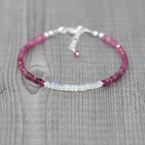 925 sterling Silver Bridesmaid Jewelry 3-3.5mm stacking Multi Ethiopian Welo Opal & Pink Tourmaline  Bracelet Rondelle, Faceted 7" for mens, womens, gf, bf & Adult.