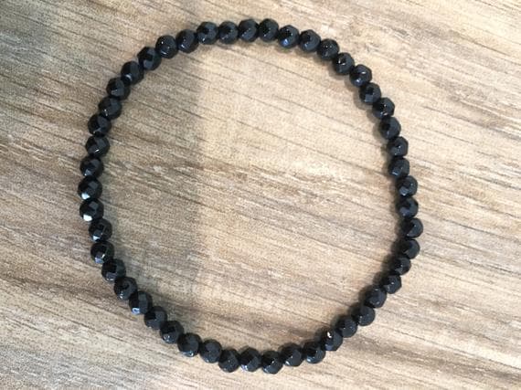 Anxiety Gemstone 4mm Stretchable Black Black Onyx Bracelet Round, Faceted 7" for mens, womens, gf, bf & Adult.