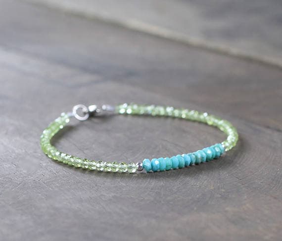 925 sterling silver Blush Jewelry 3-3.5mm Multi Colour Turquoise & Peridot stacking Bracelet Rondelle, Faceted 18cm for mens, womens, gf, bf and adults.
